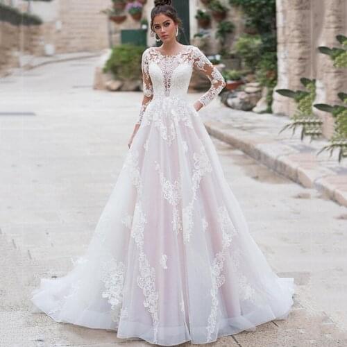 Rustic Light Pink Wedding Dress Long Sleeve Lace Wedding Gowns Applique Robe de Mariee Princess Vintage Bride Dresses 2021