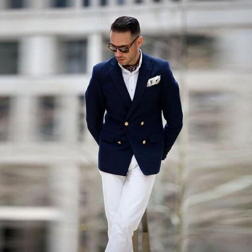 Navy Blue Jacket and White Pants Mens Suit Casual Clothes Notched Lapel Double Breasted Trim Fit Wedding Tuxedos Slim Fit Suits