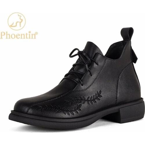 Phoentin Womens Round Toe floral embroider Ankle boots 2021 Autumn mid heel short boots female ethnic style shoes FT1712