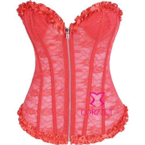 Cheap Shapewear Women Corpete Corselet Zipper Front Strapless Overbust Sexy Red Lace Corset Top Fashion Push Up Bustier Tops