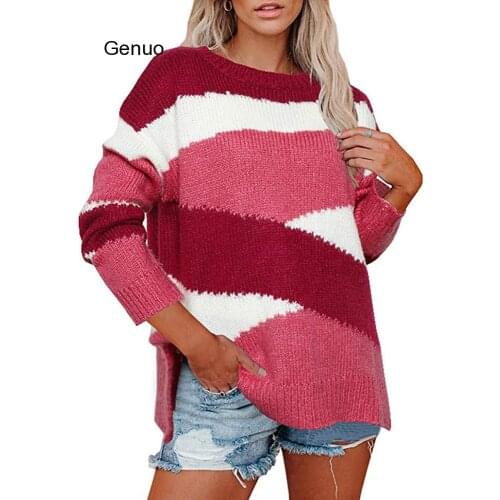 2020 Autumn Winter Long Sleeve Striped Pullover Women Sweater Knitted Sweaters O-neck Tops Patchwork Pull Femme Jumper Female