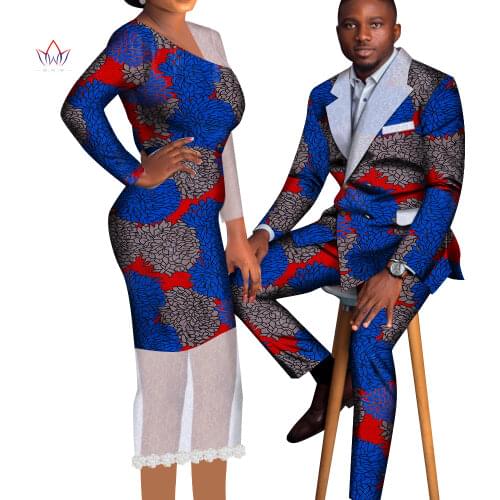 African Sweet Lovers Matching Couples Clothes Gift Valentine Day Long Sleeve Women Maxi Dresses and Mens Jacket Suits Set Wyq756