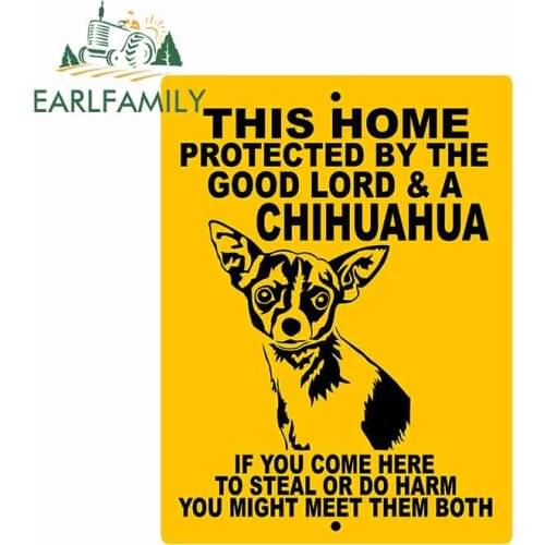 EARLFAMILY 13cm x 9.8cm WARNING Labels Decal PROTECTED BY THE GOOD LORD & A CHIHUAHUA Car Sticker Waterproof Car Accessories