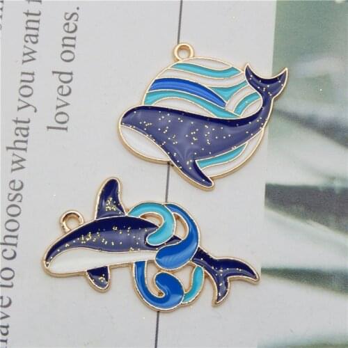 Julie Wang 4PCS Enamel Whale Charms Alloy Gold Tone Ocean Fish Animal Pendant Bracelet Earrings Jewelry Making Accessory