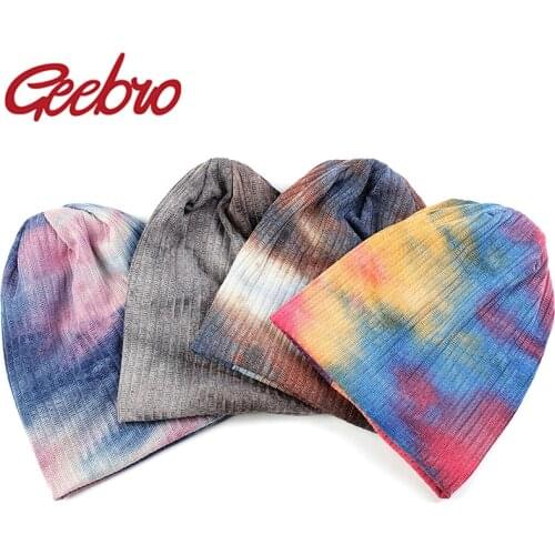 Geebro Soft Women Multicolor Tie dye Hat Slouchy Caps Autumn Winter Femme ladies Ribbed Cotton Beanies baggy Hats Gorros