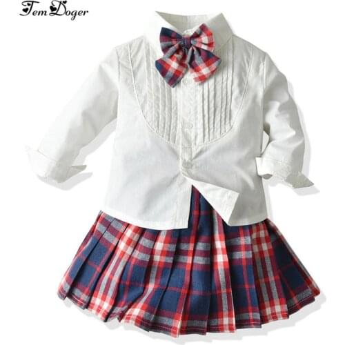Tem doger girls clothing sets 2019 winter kids baby girl clothes white shirts+plaid skirt 2pcs outfits for children clothing