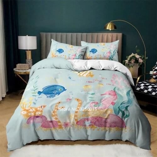Seahorse Pattern Color Bedding Set Sea Creature Starfish Coral Deluxe Childrens Room Decorated Quilt Cover and Pillowcase