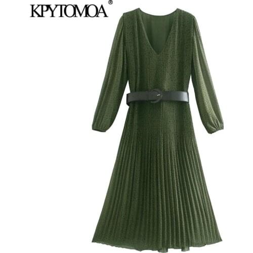 KPYTOMOA Women 2021 Chic Fashion With Belt Print Pleated Midi Dress Vintage Long Sleeve With Lining Female Dresses Vestidos