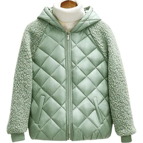 Winter Long Sleeve Stitching Lamb Wool Korean Women Clothes Hooded Coat Folder Cotton Keep Warm Plus Size Jacket Fashion Female