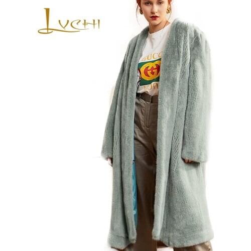 LVCHI 2019 New Swan Velvet Mink Fur Coat Full Sleeve Real Fur Coats V-Neck Button Pocket Women Thicken Soft Long Mink Fur Coats