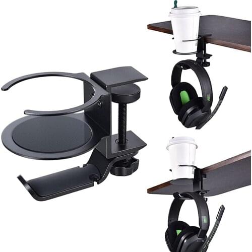 Multifunctional Non-perforated Table Side Cup Holder Headphone Hanger Holder 360 Rotation Headset Desktop Wall Clamp Mount Stand