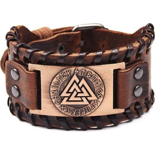 Retro Nordic Viking Totem Bracelets Odin Logo Cowhide Bracelet Loon Lettered Alloy Men Genuine Leather Hand Jewelry