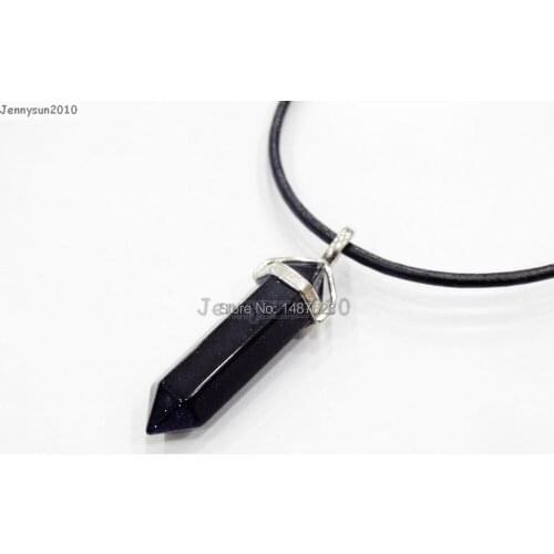 Natural Blue Sand Gems Stones Hexagonal Pointed Healing Reiki Chakra Pendant Black Leather Cord Necklace18''lnch 5 Sets/Pack
