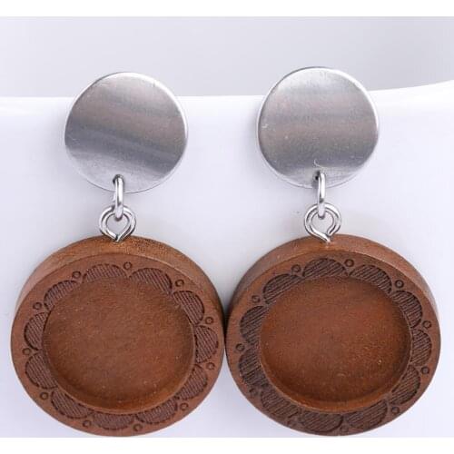 Onwear 6pcs Fit 16mm Round Wood Cabochon Earring Base Blank Bezel Diy Stainless Steel Earrings Posts Findings