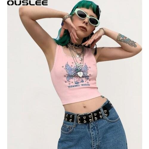 OUSLEE Knitted Y2K Aesthetic Tank Top Women Summer Cartoon Printed Crop Tops Female Sexy Sleeveless Casual Short Vest Streetwear