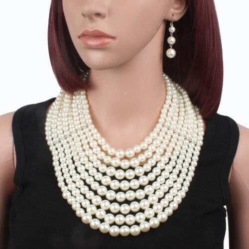 Classic Imitation Pearl Necklace Jewelry Sets For Women Big Beaded Multilaye Bridal Dubai Necklace Earring Costume Accessories