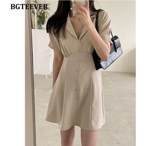 BGTEEVER Elegant Notched Collar Women Short Dresses Summer Short Sleeve Single-breasted Slim Waist Female A-line Dress 2021