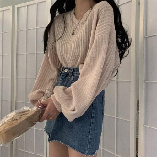 New Sexy V Neck Lantern Long Sleeve Knit Pullover Sweater Women Retro Loose Fashion Short Mutlicolor Pull Femme Autumn Spring