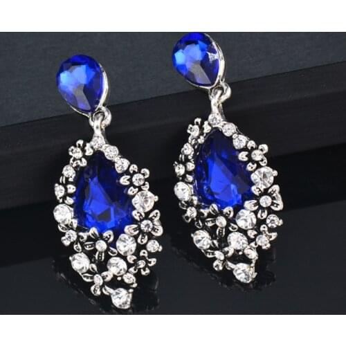 KIOOZOL Boho Ethnic Style Red Blue Black Crystal Silver Color CZ Earrings For Women Wedding Party Vintage Jewelry GIft 599 KO3