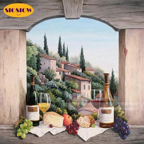 SIOSIOW 5D Diamond Mosaic Painting Full Square Grape Wine 3d Diamond Beads Embroidery Fruit Cross Stitch Kits Scenery Home Decor