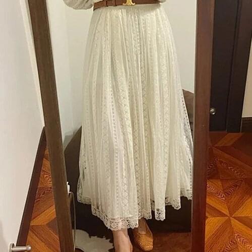 Jupe Midi En Tulle Brodé Skirt Women Taille Haute Button Zip Fastening Lace Skirts Elegant Female Vinatge Casual Long Skirt