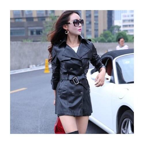 Plus Size 3XL New Fashion Winter Washed Pu Leather Jacket Women Double Breasted Female Red Black Windbreaker LX2000