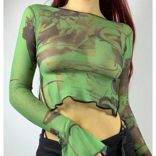 2021 Winter Casual Women Short Tee Split Long Sleeve Sexy Crop Tops Autumn O-neck Tie Dye Printed Bodycon Mesh T-shirt Female