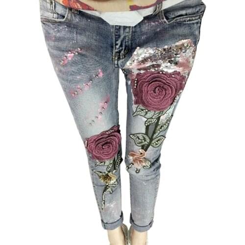 3D Flower Sequin Embroidered Rose Jean Fashion Beading Stretch 2017 Fashion Female Jeans Long Trousers Vintage Pencil Jeans