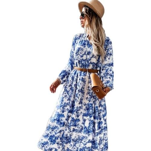 2021 High-Quality European And American Womens Long Skirts, Autumn Long-Sleeved Printed Floral Loose Dresses