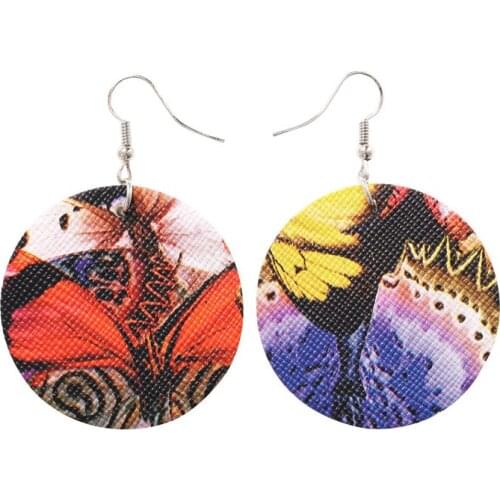 Floral Printed Leather Round Earrings for Women Bohemian Long pendiente Vintage Boucle D Oreille Kolczyki Drop Dangle Earring