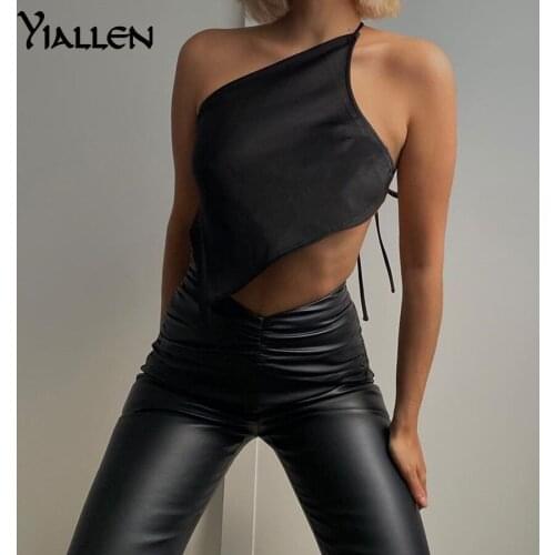 Yiallen Solid Satin Women Irregular Crop Top Lace Up Tanks One Shoulder Backless Bodycon Sexy Club Streetwear2021The New