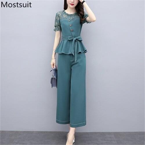 2020 Summer Chiffon Office Two Piece Sets Outfits Women Lace Spliced Belted Tops + Wide Leg Pants Suits Fashion Elegant Sets
