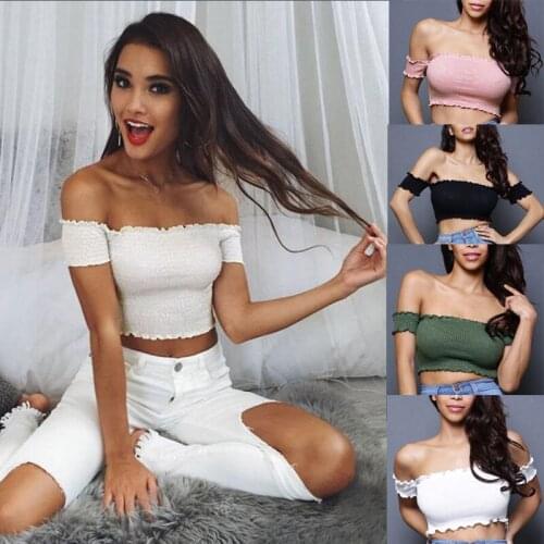 Womens Sexy Croppped Top 2019 Summer Off Shoulder Top Short Sleeve Solid Color Female Tee Shirt Hot Sale