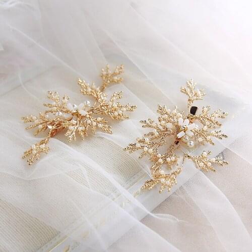 Vintage Leaf Women Headpiece Gold Pearls Hair Jewelry For Wedding Prom Handmade Bridal Hair Clip Accessories