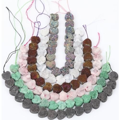 17PCS/Strand.12mm Middle Drilled Titanium Natural Druzy Geode Stones Heart-Shape Loose Beads Pendant Necklace Strand XFX-161AMFJ