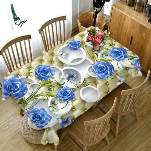 3D Tablecloth Blue Rose Pattern Dustproof Polyester Cotton Wedding Hotel Party Rectangular Table Cloth Home Textile Custom