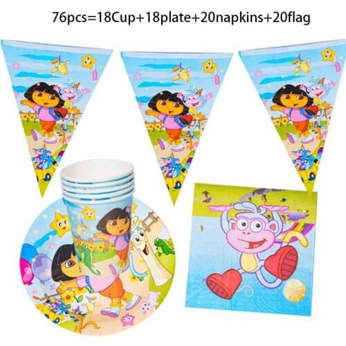 76pcs Supplies Party Decoration Dora the Explorer Birthday Party Disposable Party Tableware Napkin Plate banner balloon
