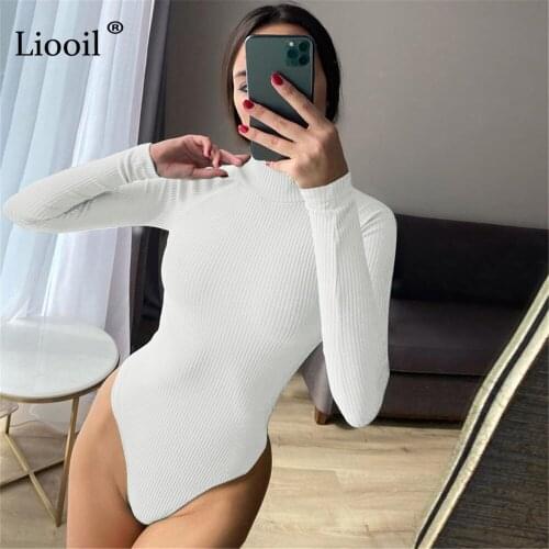 Liooil Knit Ribbed Bodysuits Tops Sexy Tight Body Suit For Women Rompers Autumn Winter Long Sleeve Turtleneck Bodycon Jumpsuits