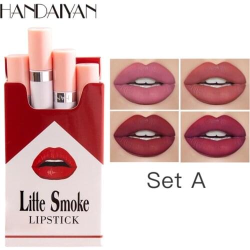 HANDAIYAN 4 Colors Cigarette Lipstick Lasting Waterproof No Fading Lipstick Matte Velvet Fog Surface Sexy Nude Lip Makeup TSLM1