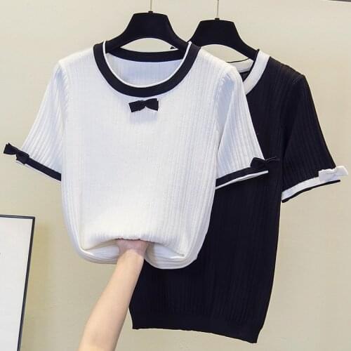 L-4XL plus size women Summer kint bow sweaters pullover 2021 loose casual short Patchwork thin basic top T-shirt female