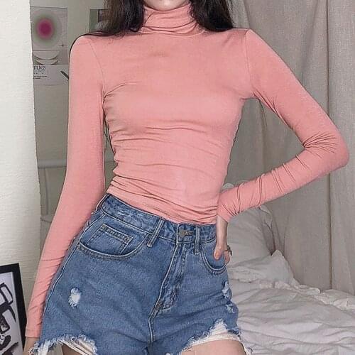 2020 Autumn New Basic Solid Color High-neck Slim Slimming Long-sleeved Casual T-shirt with A Bottoming Top for Women