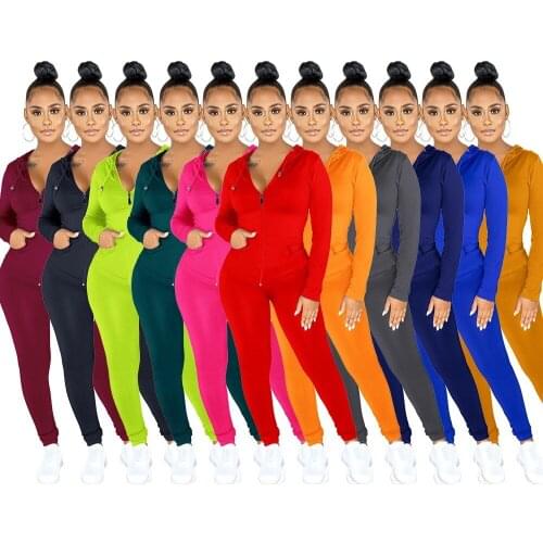 Autumn Hoodie 2 Pieces Outfits Sport Set Woman Long Sleeve Zipper Top with Pockets + Long Skinny Pants Fashion Womens Tracksuit