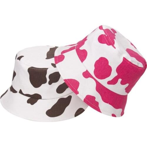 HanXi New Cow Pattern Bucket Hats Cotton Summer Women Traveling Fisherman Cap Lady Beach Sun Hat Street Headwear