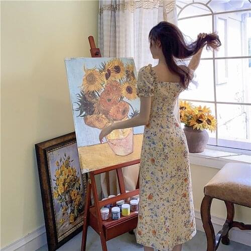 Summer Women Vintage Oil Painting Style Dress Puff Sleeve Dress Long Floral Dresses Boho Party Elegant Robe