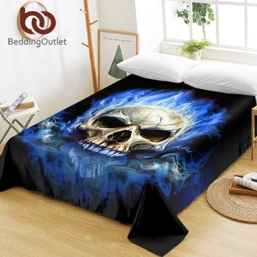 BeddingOutlet Flame Skull Bed Sheets 3D Print Gothic Flat Sheet Blue Fire Bed Linen for Boys Adults Microfiber Sofa Cover 1pc