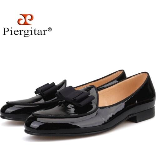 Piergitar 2019 new Patent Leather stitching with Bowtie mens loafers Banquet and Wedding mens dress shoes slip-on men shoes