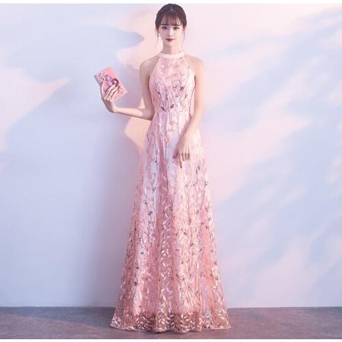 Evening Dress 2019 New Spring Banquet Noble Elegant Pink Prom Dress Applique Sequins Off the Shoulder Sleeveless Party Dresses