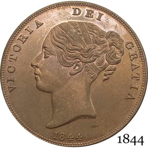 United Kingdom 1844 Victoria 1 One Penny UK Queen Red Copper Copy Coins Great Britain Bronze Portrait Coin With Smooth Edge
