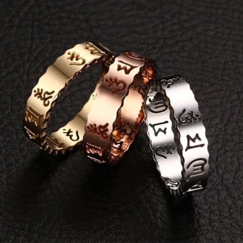 Vnox Hollow Words "Om Mani Padme Hum" Rings for Women Man 5MM Stainless Steel Wedding Bands Buddhism Religious Jewelry