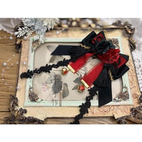 Japanese kimono style Black red Bow Tassel Little bell Side clip Headdress Cosplay Accessories Vintage Palace Style deep black